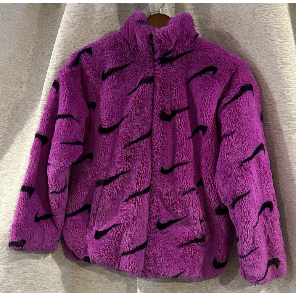 Nike Printed Faux Fur Jacket Women's Large Purple Full Zip AOP Soft DX6416-551 - Picture 2 of 9